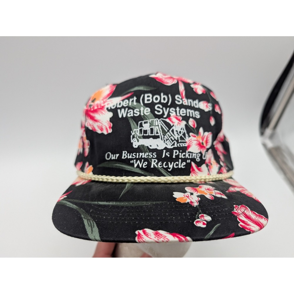 Vintage Robert Bob Sanders Waste Systems Floral Rope Snapback Hat Black Pink